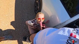 Blonde teen gives outdoor blowjob porn scene